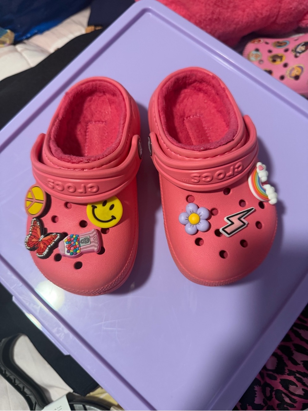 CROCS Pink Fuzzy-Lined Clogs with Colorful Jibbitz